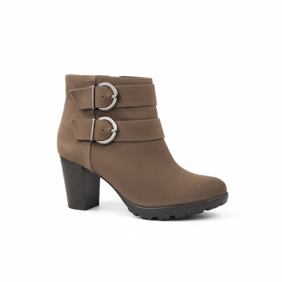 Easy’n Rose  Buckled Lug Sole Heeled Moto Chelsea Boot  Taupe Suede 39 8.5M 9M - Picture 15 of 16